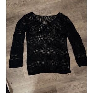 Bsubseach Black Crochet Knit V-Neck Beach Cover Up Top Long Sleeve Boho Large